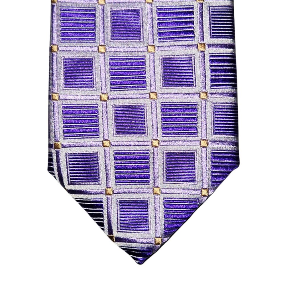 Bugatchi Skinny Necktie Tie Mens Purple Silver Gold Geometric Silk Made in Italy